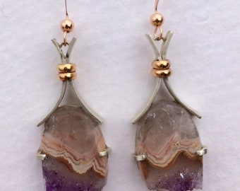 Rose Gold filled, Sterling Amethyst Agate Crystal Earrings