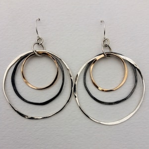 Large Sterling Silver, Gold Filled and Oxidized Sterling Hoop Dangle Earrings