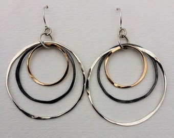 Large Sterling Silver, Gold Filled and Oxidized Sterling Hoop Dangle Earrings