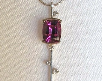 Fine Rhodelite Garnet, 14k White Gold and Fine Diamond Pendant on 14k White Gold Snake Chain