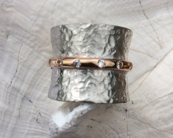 Wide Silver Band with Diamonds and Rose Gold filled