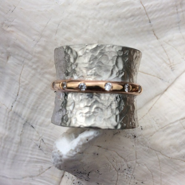 Wide Silver Band with Diamonds and Rose Gold filled