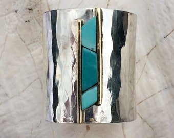 Wide Hammered Sterling Silver Ring Band with 14k Gold and Sleeping Beauty Turquoise