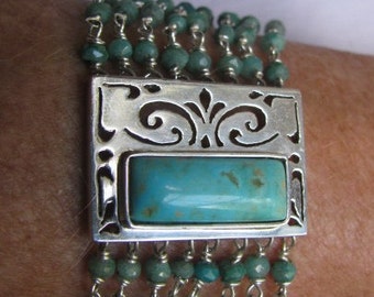 Turquoise Bracelet with Multistrand Cryscolla faceted beads and Sterling Slide Clasp