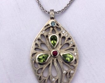 Unique Sterling, Peridot, Rhodelite Garnet, Blue Topaz and CZ Pendant with Sterling Wheat Chain