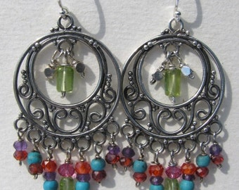 Sterling Bali Earrings with Peridot, Carnelian, Garnet, Turquoise, Pink Sapphire and Amethyst Beads