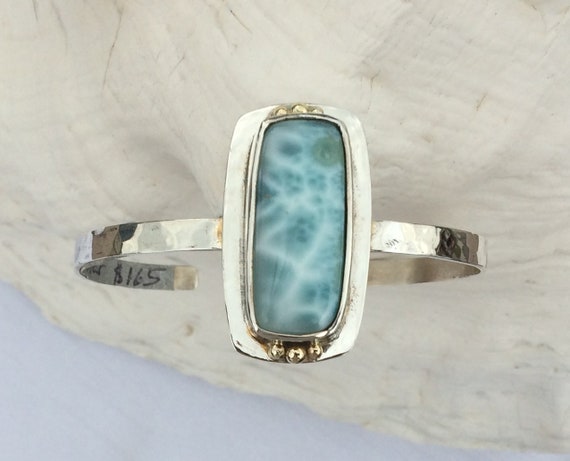 Sterling Silver and 14k Gold Cuff Bracelet with Larimar Stone