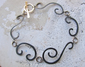 Oxidized Sterling and Gold Filled Swirly Link Bracelet with Toggle Clasp