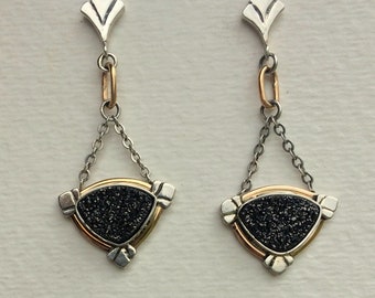 Black Druzy Quartz, Sterling Silver and Gold Filled Dangle Earrings