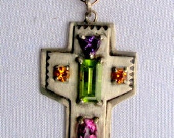 Multi-Gemstone Sterling Silver Cross Necklace with Peridot, Amethyst, Citrine and Rhodelite Garnet. Colorful and Beautiful!