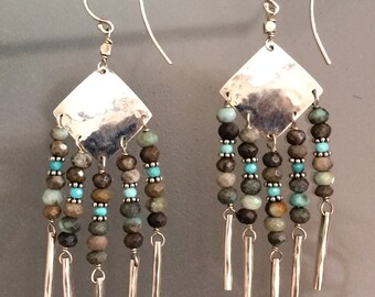 Hammered Sterling Turquoise Dangle Earrings