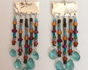 Unique Sterling Hammered Dangle Earrings with Apatite, Garnet. Turquoise and Glass Seed Beads