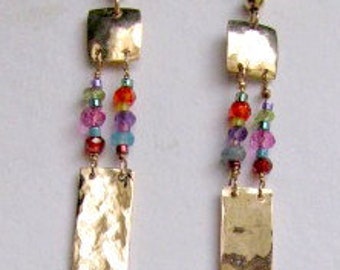 Hammered Gold Filled and Colored Gemstones Dangle Earrings