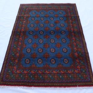 4&#39;4x6&#39;2 Ft Blue Bokhara Rug, Hand Knotted Turkmen Mowri Gul Rug, New Oriental Wool Rug, Tribal Area Rug, Living Room Rug, Bedroom Rug
