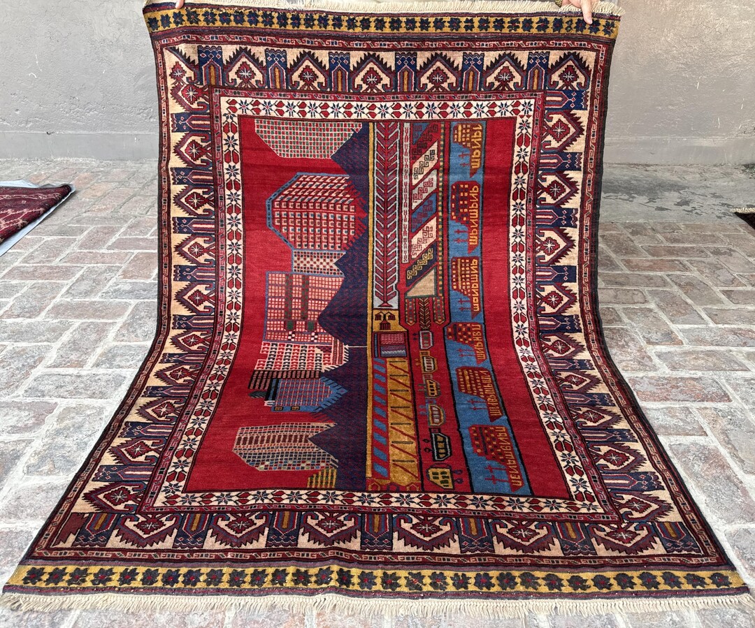 4x6 Ft Vintage Pictorial Rug, Handmade Afghan Area Building Art Rug ...