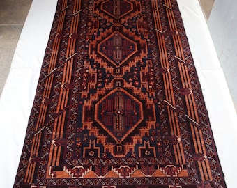3'11x7'4 FT, Navy Blue, Brown, Orange, Baluchi Rug, Vintage