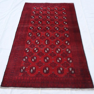 3&#39;9x6&#39;5 Ft Small Vintage Rug, Turkoman Hand Knotted Mowri Gul Rug, Handmade Afghan Rug, Oriental Red Wool Rug, Living Room Rug, Kitchen Rug