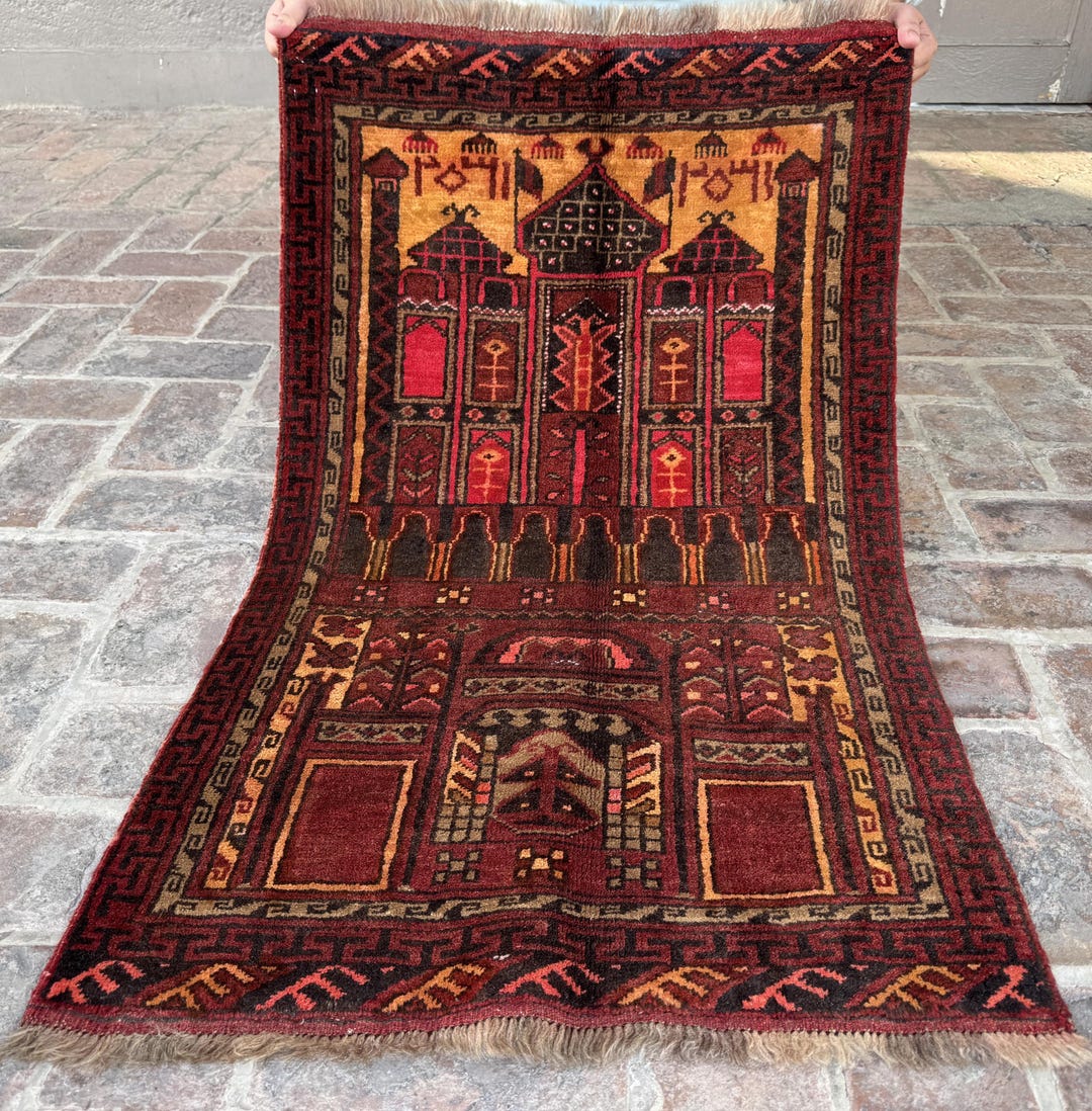 2x4 Ft Small Vintage Prayer Rug, Building Art Turkmen Hand Knotted Rug ...