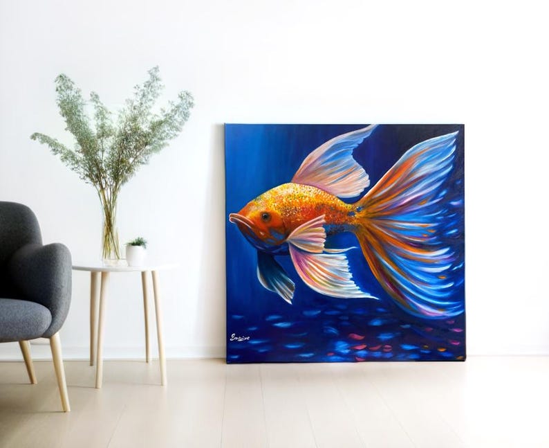 Gold Fish Large Original Oil Painting of Fish on Canvas, Size 32x32inch ...