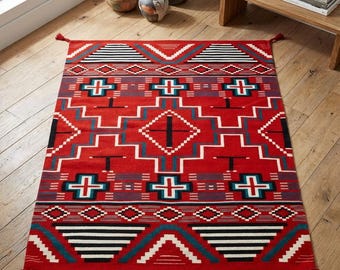 Red Southwestern Area Rug, Aztec Geometric Design, Woven Accent Rug