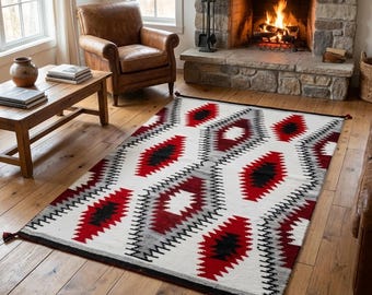 May include: A rectangular area rug with a geometric pattern in a living room setting. The rug features a white background with red, black, and gray diamond shapes. The rug is placed on a wooden floor near a fireplace and leather armchair.