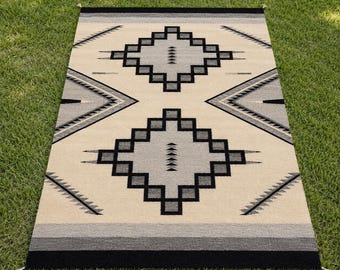 Handwoven Navajo Inspired Wool Rug, Southwestern Area Rug, Navajo Inspired Rug, Geometric Tribal Carpet, Boho Wool Floor Rug, Cream Wool Rug