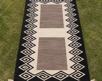 Handwoven Navajo Inspired Wool Rug, Black & Ivory Geometric Area Rug, Tribal Boho Rug, Handmade Wool Carpet, Modern Farmhouse Accent Rug