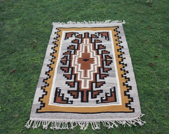 Dywan kilim z wełny tkany ręcznie 3 x 5 stóp, dywan z geometrycznym wzorem w stylu południowo-zachodnim, dywan w stylu boho, neutralny dywan z rustykalnym akcentem, ręcznie robiony dywan wełniany