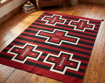 4x6 ft Wool Tribal Rug Southwest Style Area Rug Native Boho Red Aztec Rug Zapotec Rug Tribal Style Mexican Rug Western Design Free Shipping