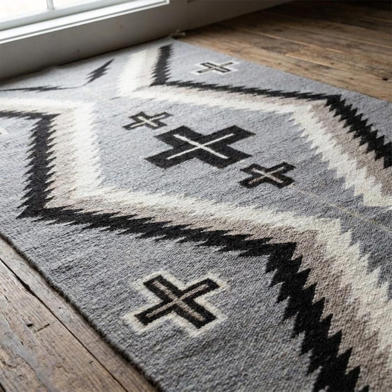 Puede incluir: Una alfombra gris y negra con un dise&ntilde;o geom&eacute;trico de diamantes y cruces. La alfombra presenta una mezcla de colores grises, negros y blancos, con una superficie texturizada. La alfombra est&aacute; hecha de un material tejido y es adecuada para una sala de estar o un dormitorio.