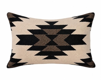 Handwoven Wool Lumbar Pillow Cover, Southwestern Navajo Style Cushion Cover, Neutral Boho Throw Pillow Case, Tribal Wool Accent Pillowcase