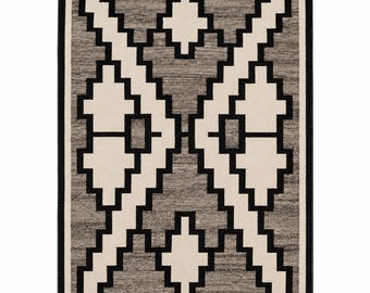 Handwoven Wool Rug, Southwestern Tribal Rug, Geometric Kilim Rug, Black Cream Gray Area Rug, Boho Rustic Home Decor, Wool Carpet