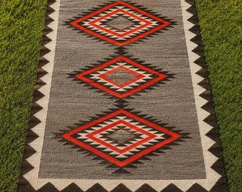 Handwoven Southwestern Wool Rug, Tribal Geometric Area Rug, Navajo Inspired Kilim, Red Gray Boho Flatweave Carpet, Rustic Home Decor