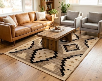 Ręcznie tkany wełniany dywan, dywan z geometrycznym wzorem w stylu południowo-zachodnim, plemienny kilim, rustykalny dywan boho, neutralny beżowo-brązowy dywan, wystrój w stylu azteckim