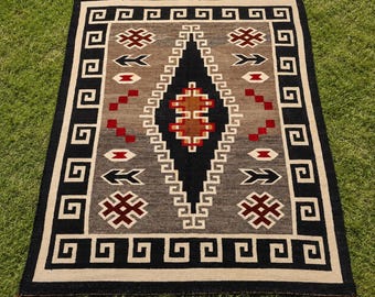 Handwoven Wool Area Rug, Southwestern Navajo Style Rug, Black Geometric Rug, Handmade Wool Carpet, Tribal Boho Floor Rug, Rustic Home Decor