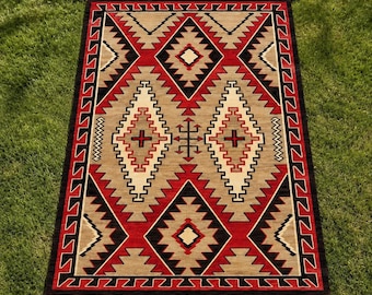 Handwoven Wool Area Rug, Southwestern Navajo Style Rug, Geometric Tribal Carpet, Handmade Wool Kilim, Boho Rustic Home Decor Rug