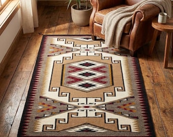 Handwoven Southwestern Southwestern Style Rug – Geometric Wool Kilim, Neutral Tribal Area Rug, Boho Rustic Decor, Aztec Pattern Carpet