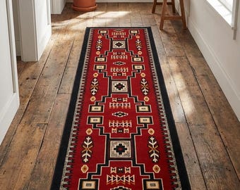 Southwestern Wool Runner Rug, Handmade Navajo Tribal Hallway Runner, Geometric Wool Rug, Rustic Western Entryway Runner, Boho Floor Runner