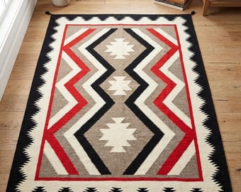 5x7 Ft Handwoven Red Wool Tribal Rug Southwestern Pattern American Style Navaho Rug Interior Designer Rug Home Decor Zapotec Area Rug