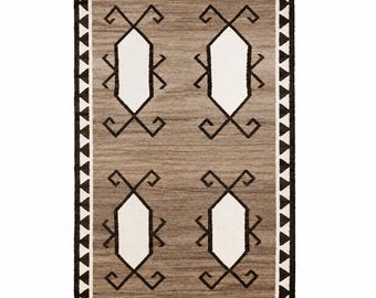 Tapete de lã tecido à mão, tapete geométrico tribal neutro, tapete de lã estilo sudoeste, tapete boho bege, tapete rústico de fazenda, tapete de lã feito à mão