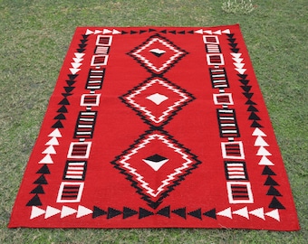 4x6 ft Handwoven Red Wool Kilim Rug, Geometric Tribal Area Rug, Boho Southwest Carpet, Handmade Wool Accent Rug, Modern Navajo Style Decor