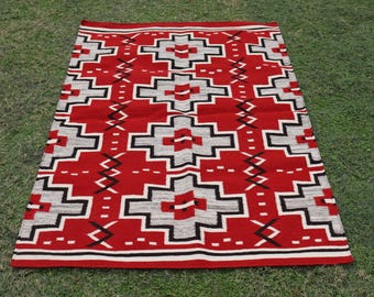4x6 ft Handwoven Red Wool Kilim Rug, Southwestern Area Rug, Tribal Geometric Carpet, Navajo Style Boho Rug, Handmade Wool Accent Rug