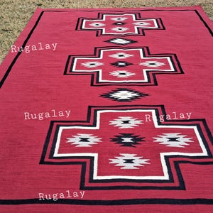 Alfombra tribal roja estilo suroeste Kilim tejida a mano con patrón geométrico americano 100% lana, alfombra de área, 8 x 10 pies, 9 x 12 pies Alfombras tribales grandes