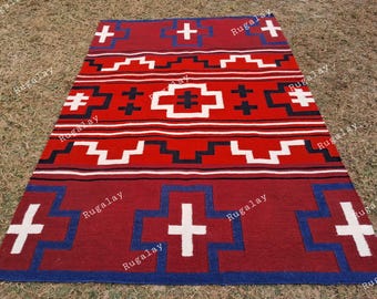 Red Wool Southwestern Rug Southwestern Pattern American Style Zapotec Area Rug 7x9 Ft