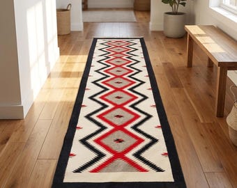 Southwestern Runner Rug 3x10, Tribal Wool Rug, Southwest Native Rug, Bohemian Rug, Kilim Rug, Moroccan Tribal Rug, Colorful Red Runner Rug
