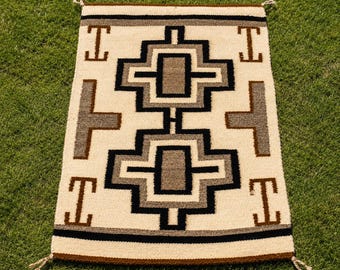 Handgeweven wollen vloerkleed in Navajo-stijl, geometrisch vloerkleed in Zuidwest-Amerikaanse stijl, boho-tribaal tapijt, handgemaakt ivoorzwart accentkleed, rustieke woondecoratie