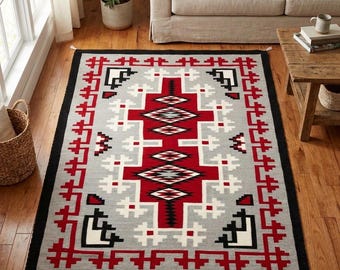 9x12 Southwestern Rug Red Grey Southwest Style American Kilim Rug Modern Tribal Design Rug Handmade 100% Wool Rug Navaho rug Boho Rug