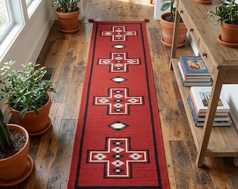 Handwoven Wool Runner Rug, Southwestern Navajo Inspired Hallway Runner, Tribal Runner Rug, Rustic Western Boho Carpet, Geometric Wool Rug