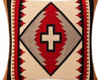 Funda de almohada de lana tejida a mano, funda de cojín geométrica del suroeste, cojín decorativo estilo navajo, decoración rústica bohemia de granja.