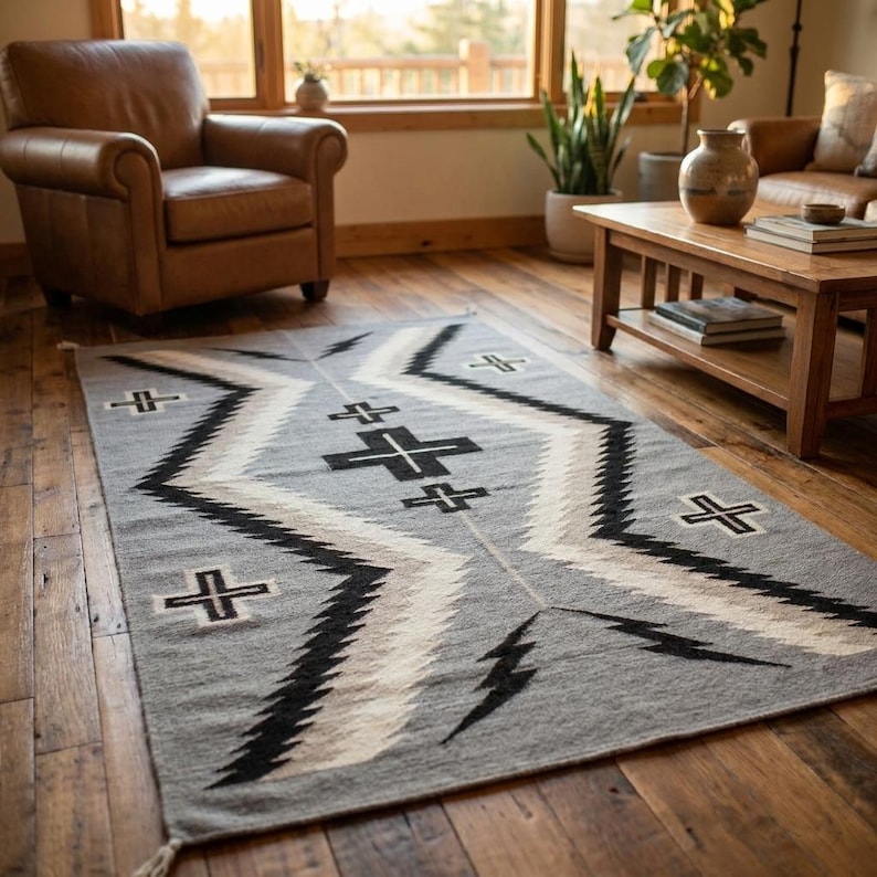 Puede incluir: Una alfombra gris rectangular con un patr&oacute;n geom&eacute;trico de zigzags y cruces negros, blancos y grises. La alfombra est&aacute; colocada sobre un suelo de madera en un sal&oacute;n. El dise&ntilde;o incorpora formas de rel&aacute;mpagos. La alfombra es probablemente de lana.